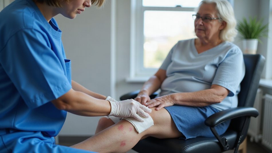 Nurse applying a foam dressing to a patient's wounded leg