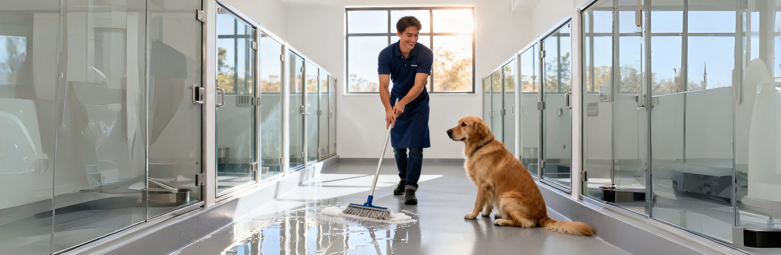 Kennel caretaker mopping a boarding aisle while a golden retriever sits calmly on the dry floor