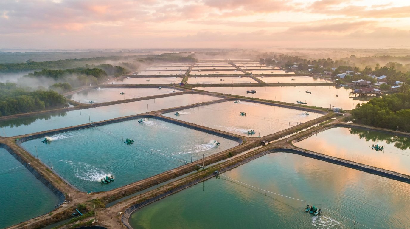 Aquaculture ponds at dawn
